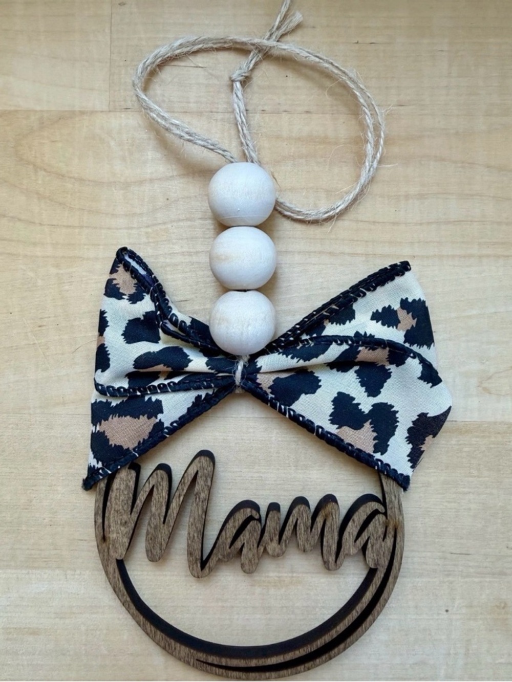 Mama Car Charm Wood Mirror Hanging Ornament Leopard Bow Bead Diffuser Gift NEW